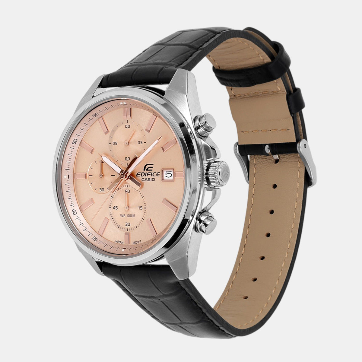 Edifice Men Quartz Peach Dial Multi-Function Leather Watch ED664