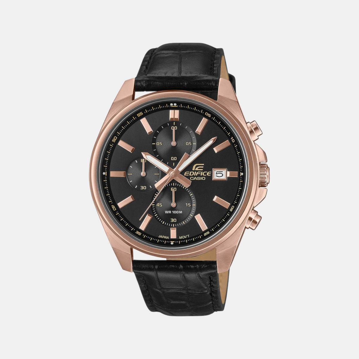 Edifice Men Quartz Black Dial Multi-Function Leather Watch ED665