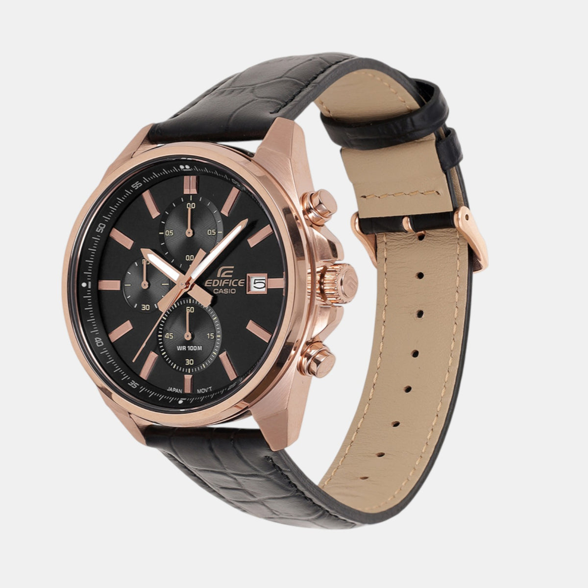 Edifice Men Quartz Black Dial Multi-Function Leather Watch ED665