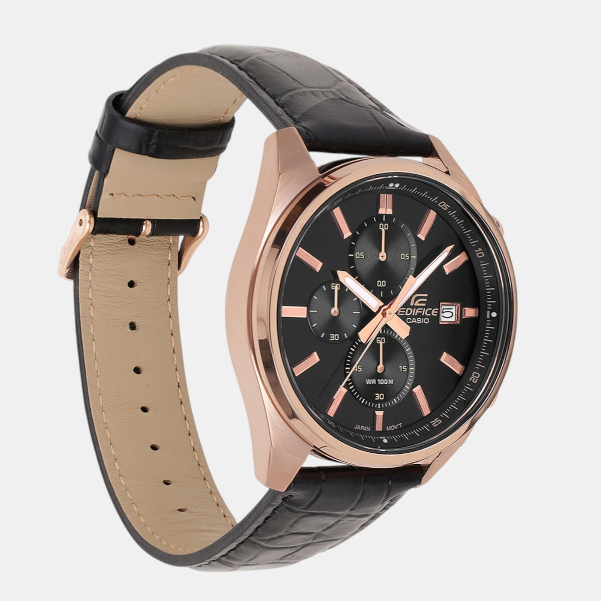Edifice Men Quartz Black Dial Multi-Function Leather Watch ED665