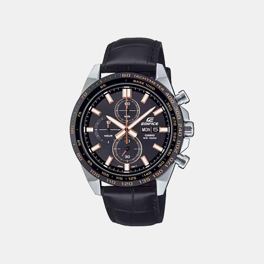 Edifice Men Quartz Black Dial Chronograph Leather Watch ED697
