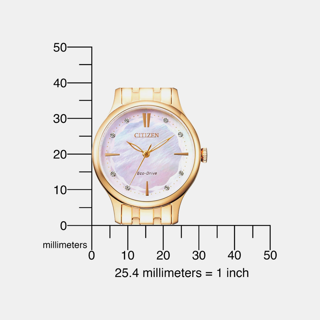 Women Quartz Eco-Drive Mother Of Pearl Dial Analog Stainless Steel Watch EM0893-87Y