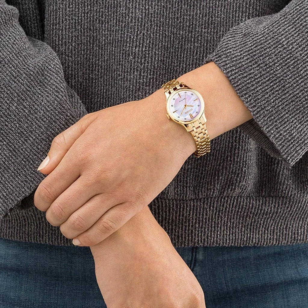 Women Quartz Eco-Drive Mother Of Pearl Dial Analog Stainless Steel Watch EM0893-87Y