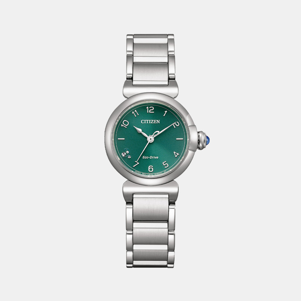 L May Bells Mini Women Eco-Drive Green Dial Analog Stainless Steel Watch EM1130-83X