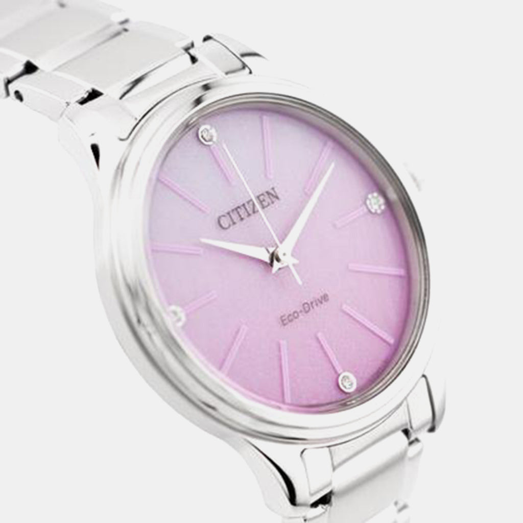 Women Solar Pink Dial Analog Stainless Steel Watch EM1220-58X