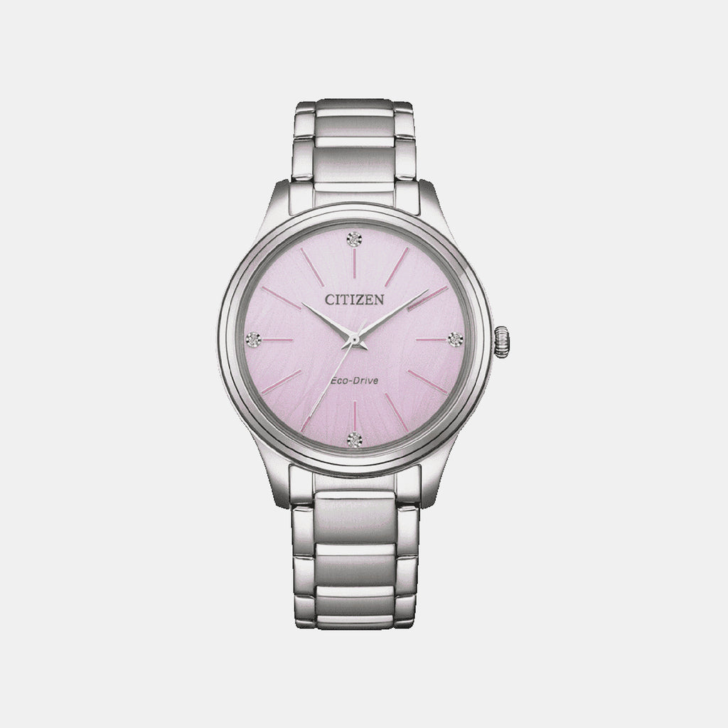 Women Solar Pink Dial Analog Stainless Steel Watch EM1220-58X