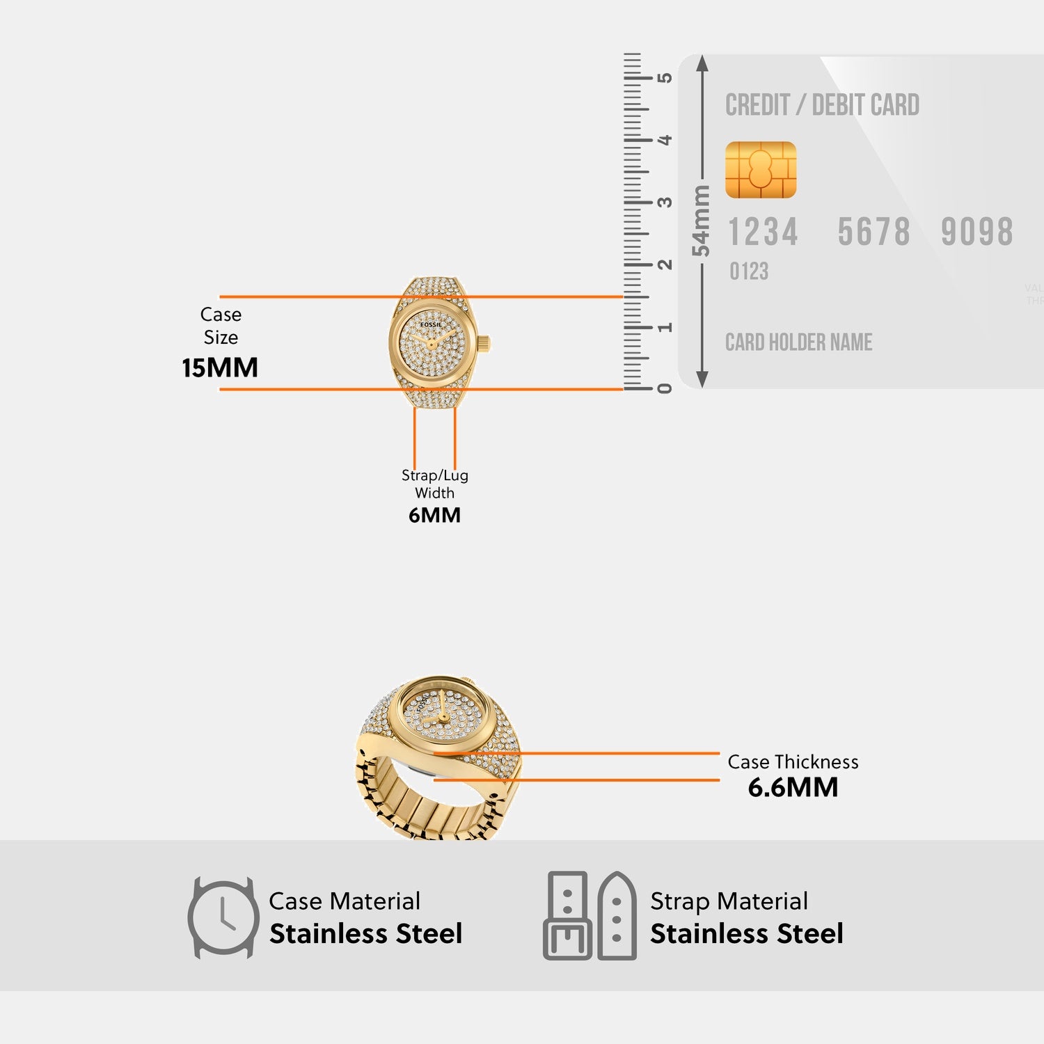 Watch Ring Women Quartz Gold Dial Analog Stainless Steel Watch ES5392