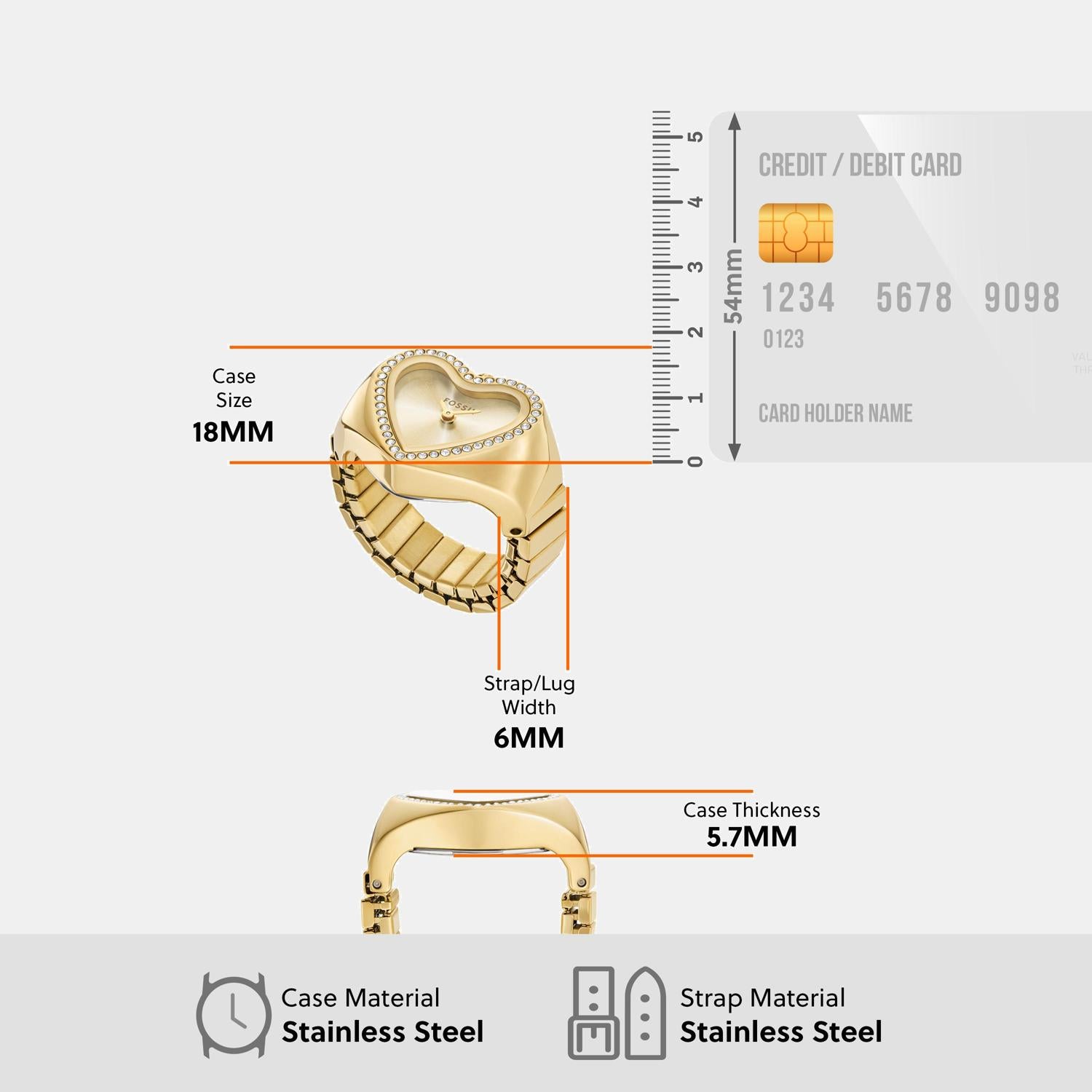 Watch Ring Women Quartz Gold Dial Analog Stainless Steel Watch ES5407