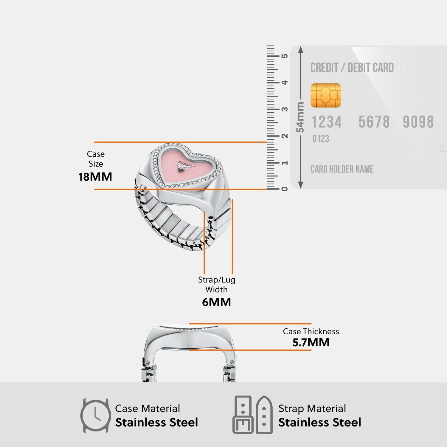 Watch Ring Women Quartz Pink Dial Analog Stainless Steel Watch ES5408