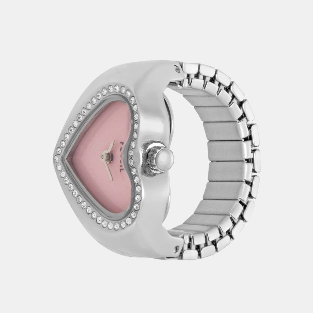 Watch Ring Women Quartz Pink Dial Analog Stainless Steel Watch ES5408