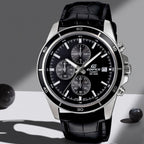 Edifice Men Quartz Black Dial Chronograph Leather Watch EX096