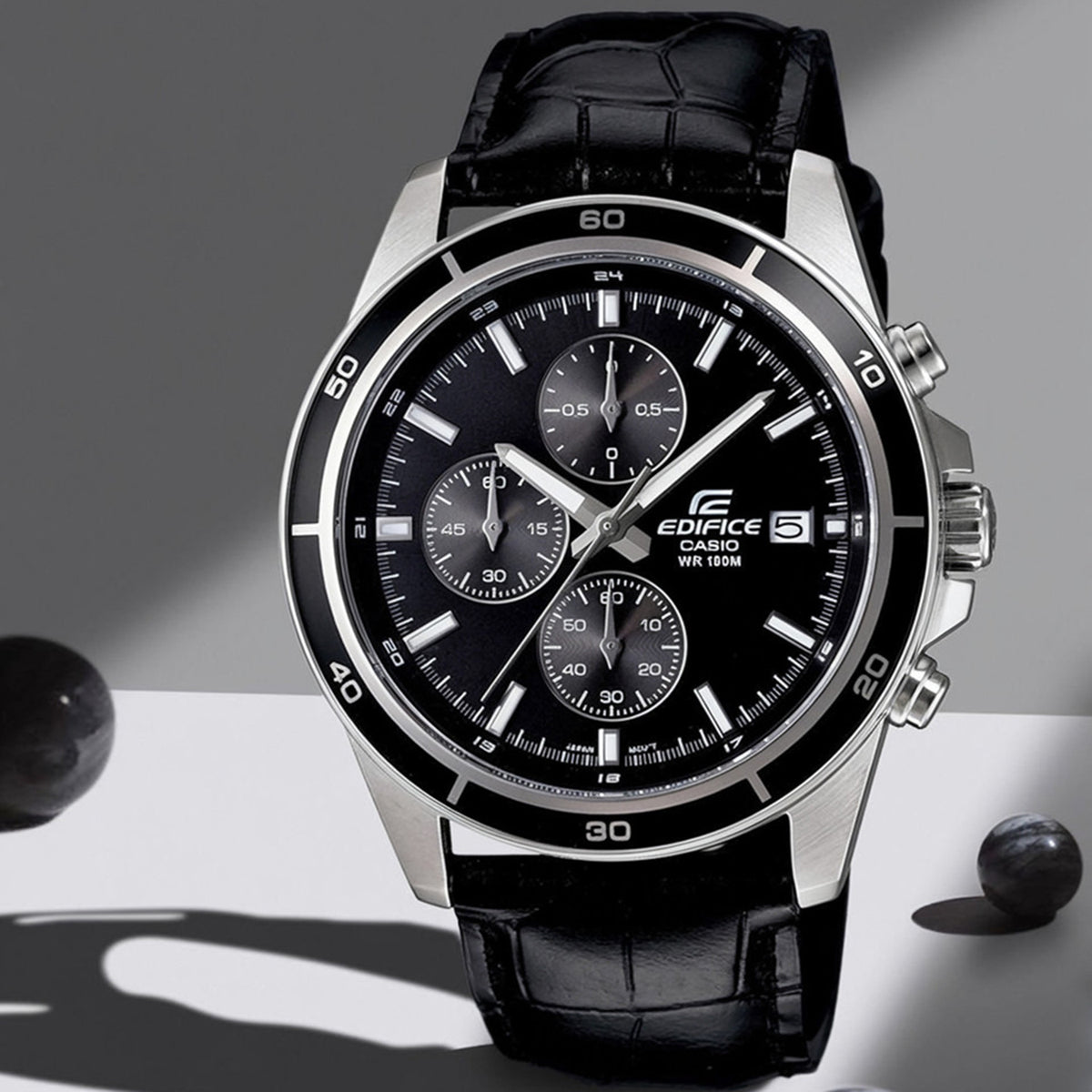 Edifice Men Quartz Black Dial Chronograph Leather Watch EX096