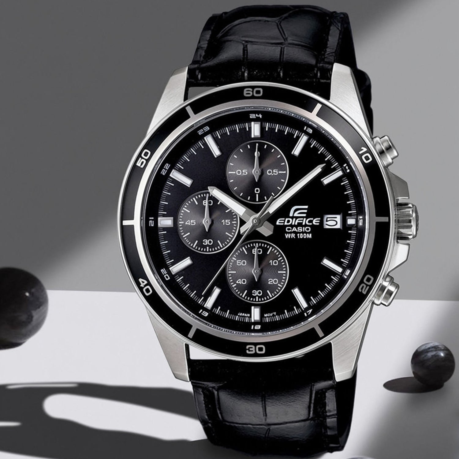 Edifice Men Quartz Black Dial Chronograph Leather Watch EX096