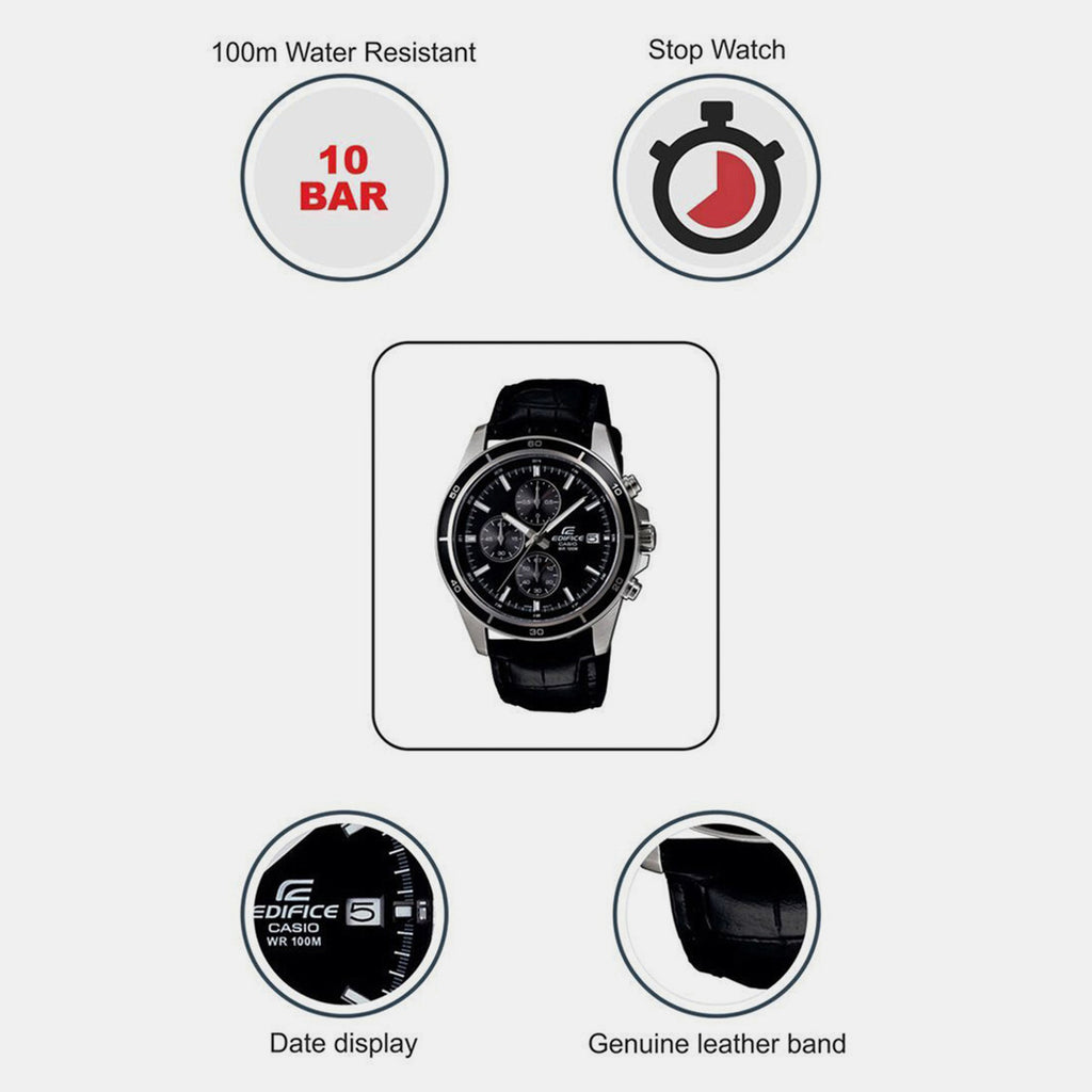 Edifice Men Quartz Black Dial Chronograph Leather Watch EX096