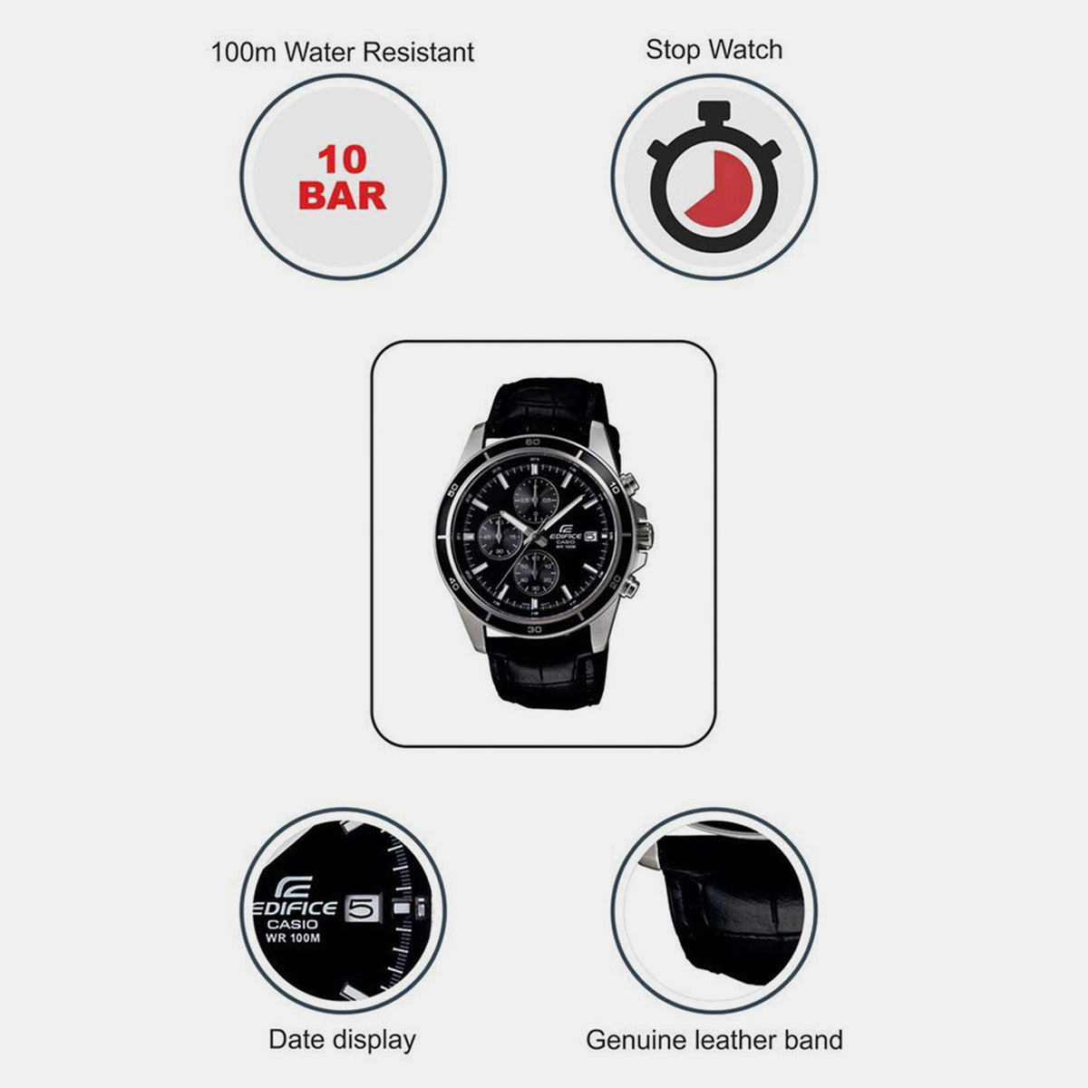 Edifice Men Quartz Black Dial Chronograph Leather Watch EX096