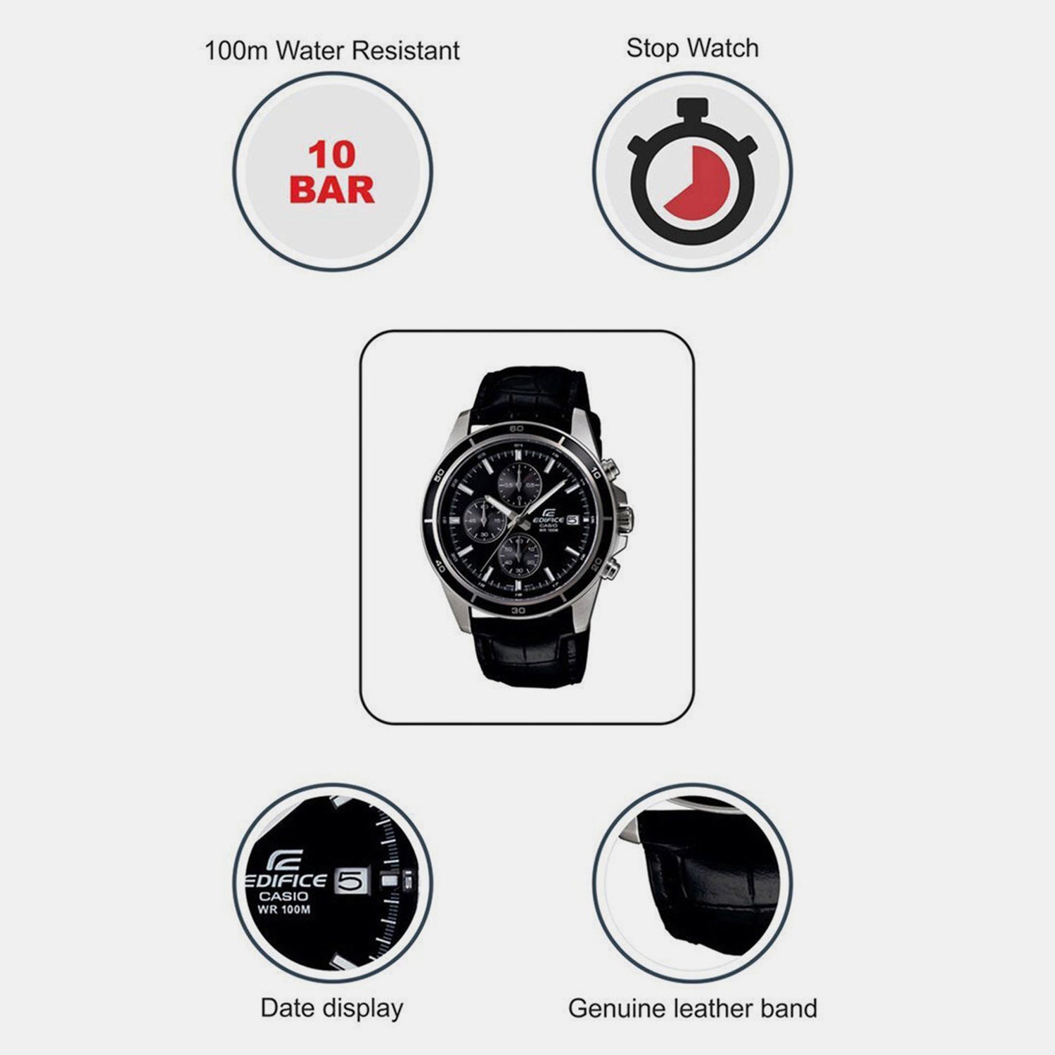 Edifice Men Quartz Black Dial Chronograph Leather Watch EX096