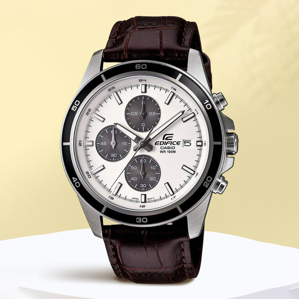 Edifice Men Quartz Silver Dial Analog Leather Watch EX097