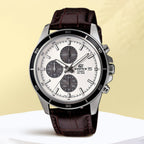 Edifice Men Quartz Silver Dial Analog Leather Watch EX097