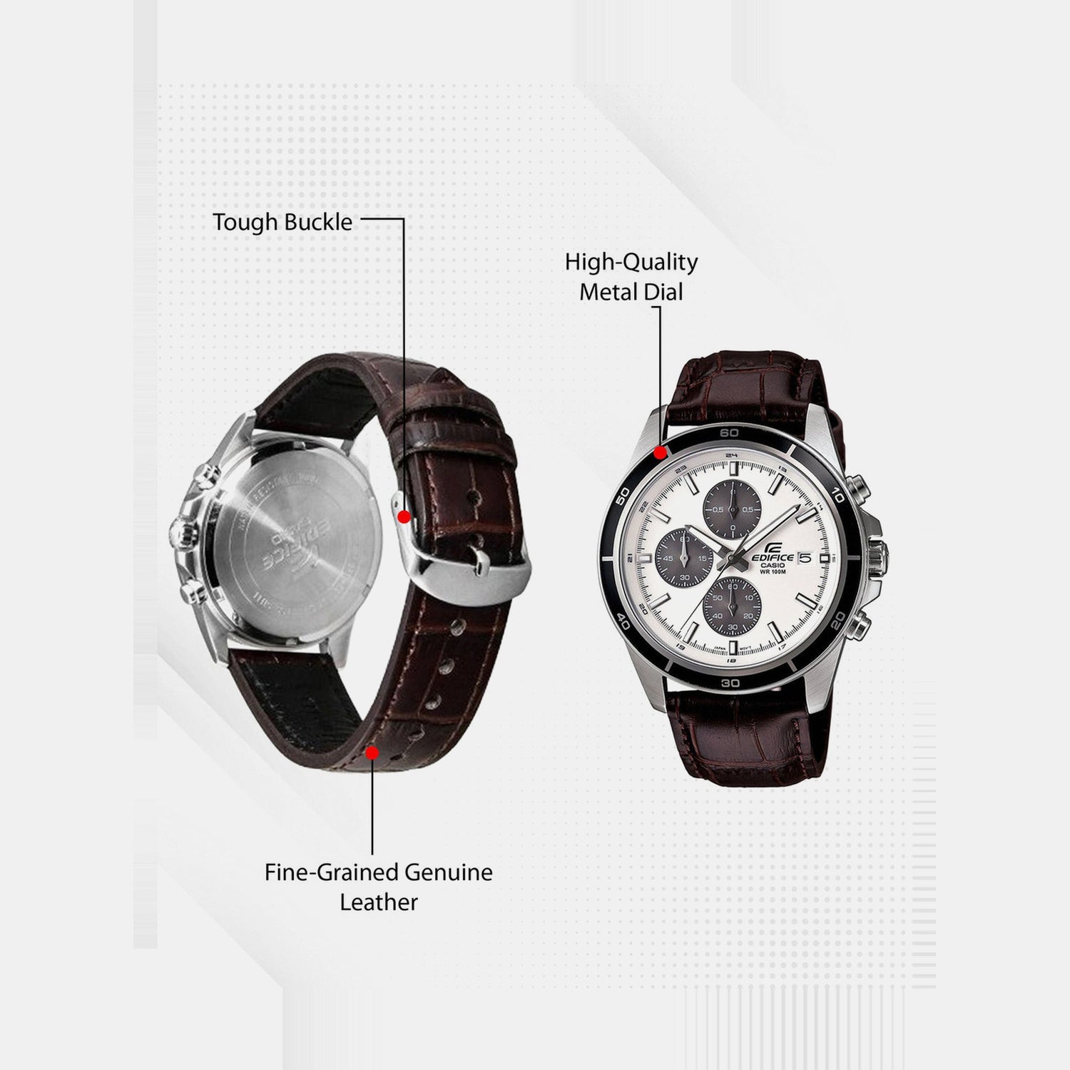 Edifice Men Quartz Silver Dial Analog Leather Watch EX097