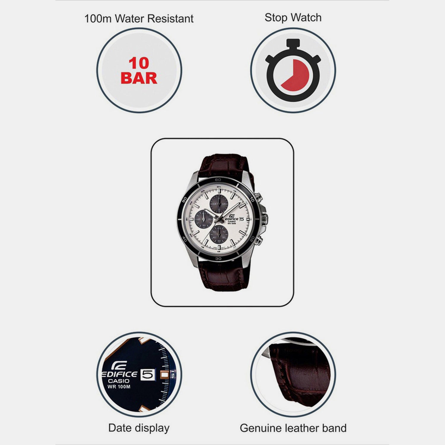 Edifice Men Quartz Silver Dial Analog Leather Watch EX097