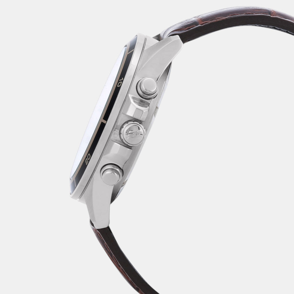 Edifice Men Quartz Silver Dial Analog Leather Watch EX097