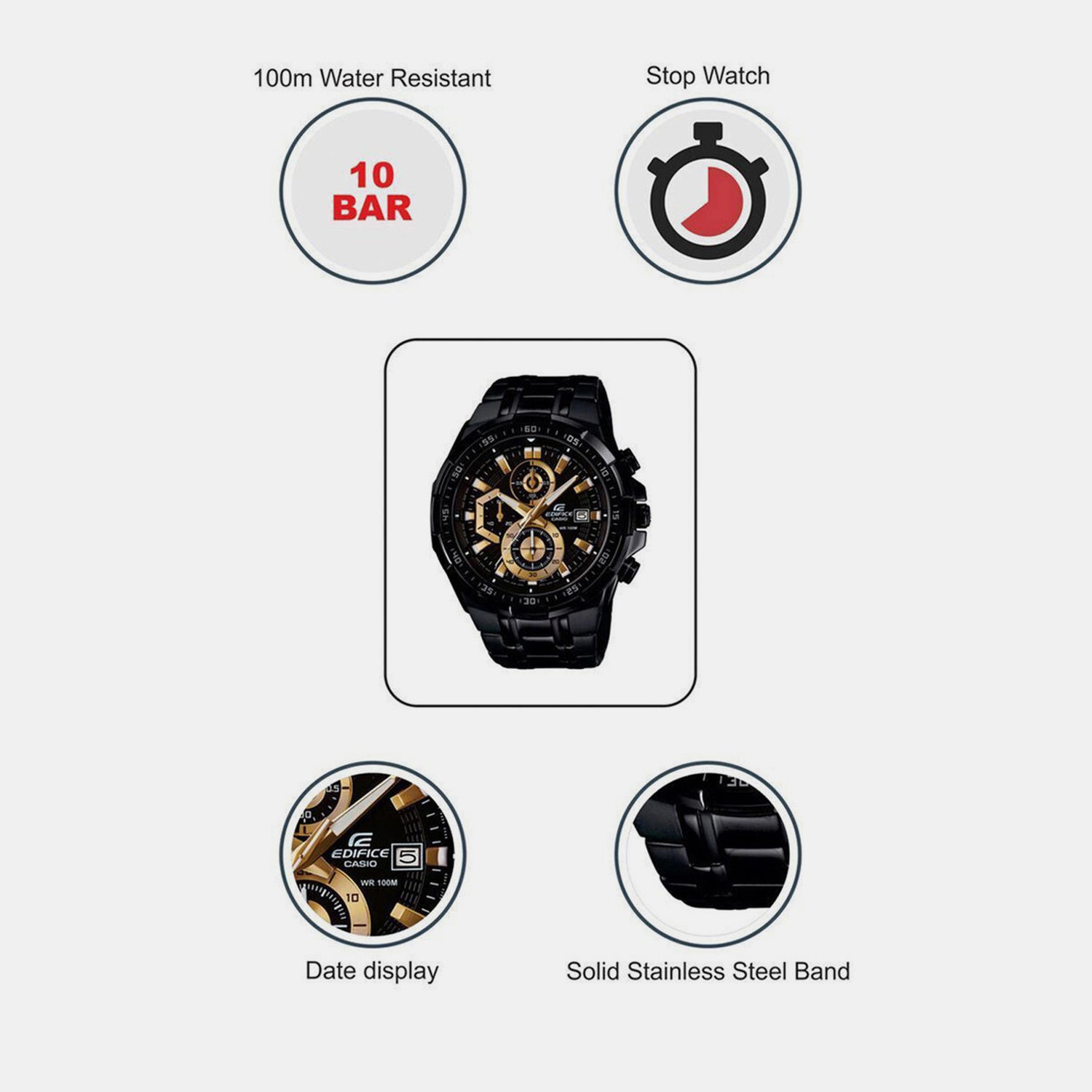 Edifice Men Quartz Black Dial Chronograph Stainless Steel Watch EX187