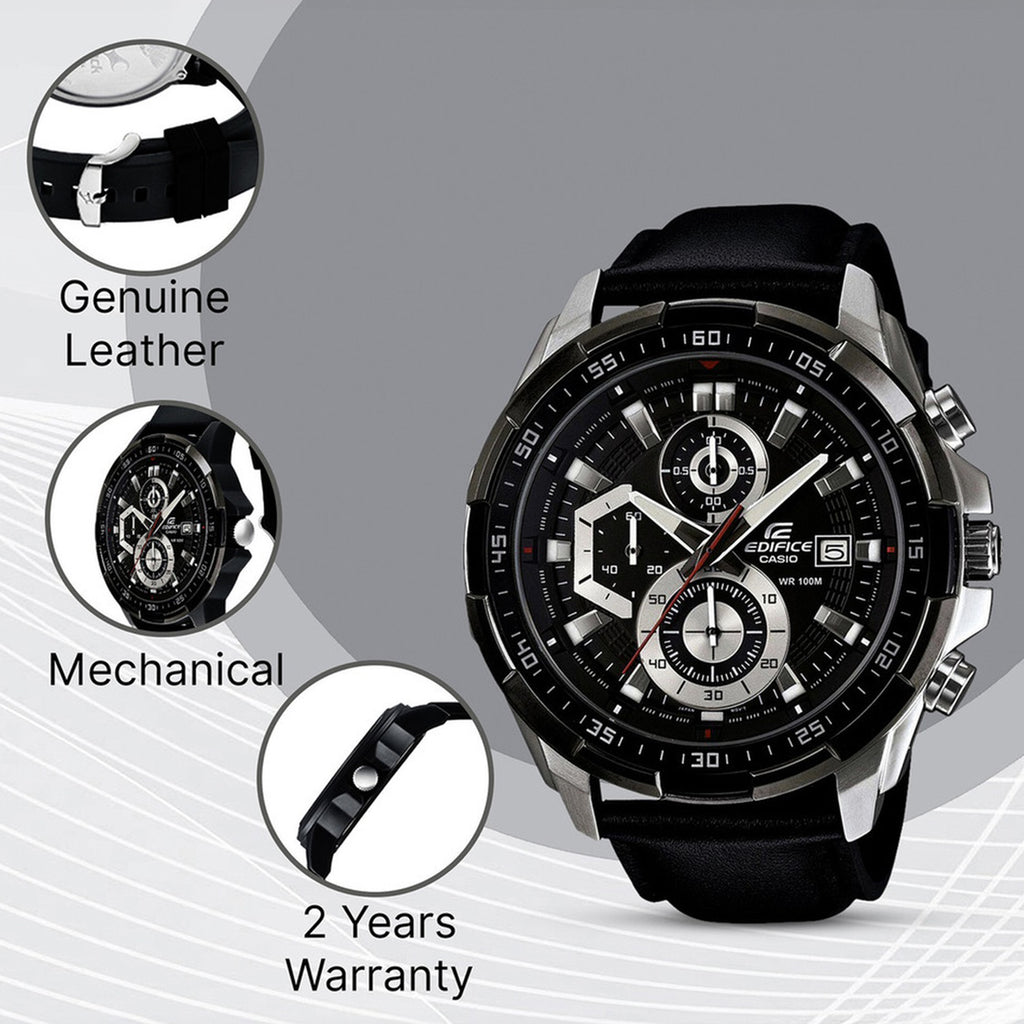 Edifice Men Quartz Black Dial Chronograph Leather Watch EX193