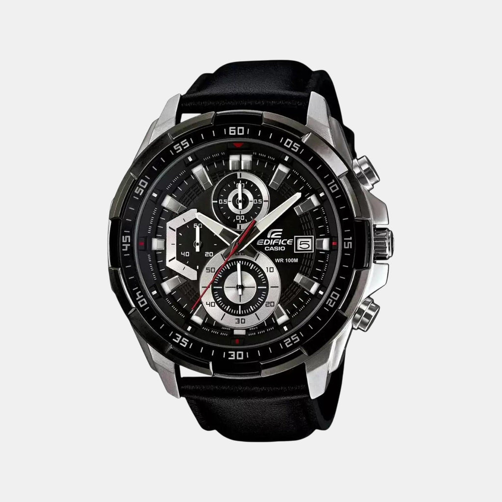 Edifice Men Quartz Black Dial Chronograph Leather Watch EX193