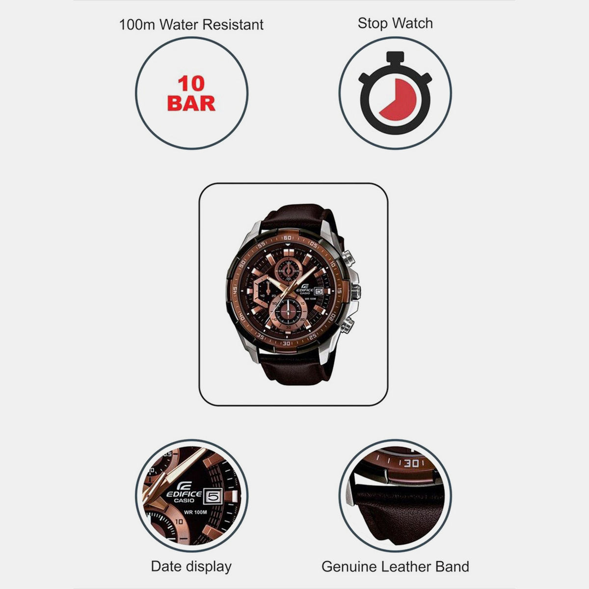 Edifice Men Quartz Brown Dial Chronograph Leather Watch EX194