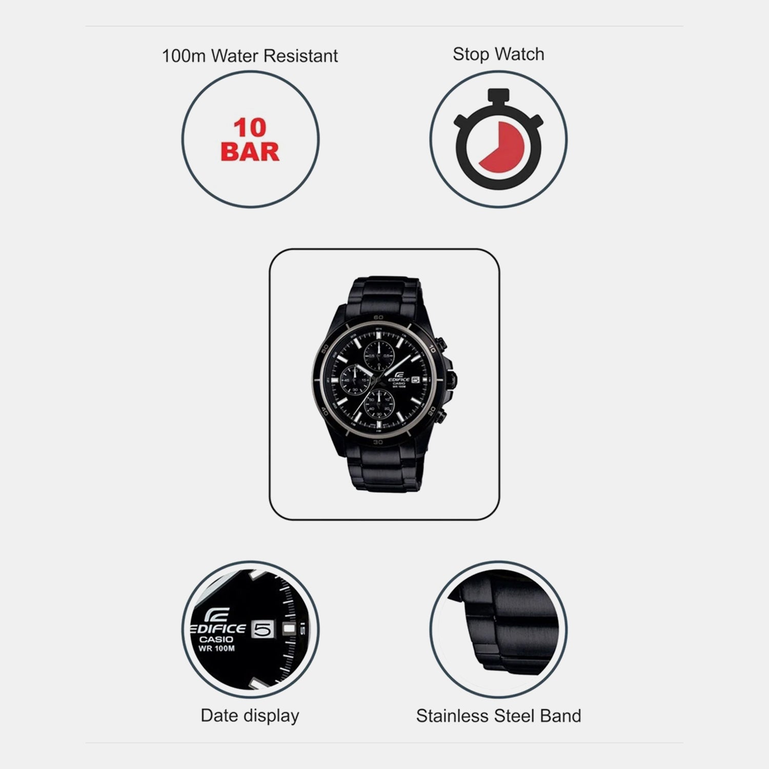 Edifice Men Quartz Black Dial Chronograph Stainless Steel Watch EX206
