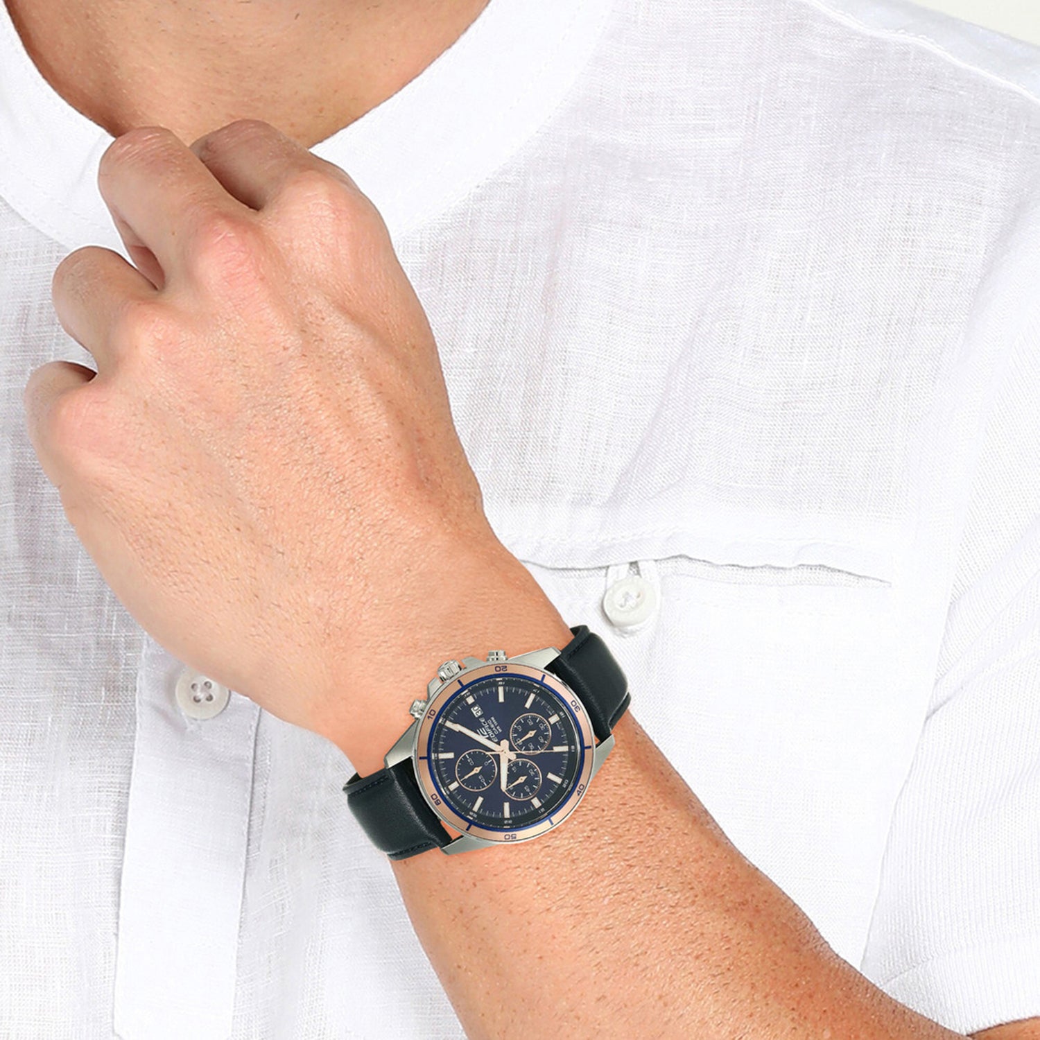 Edifice Men Quartz Blue Dial Chronograph Leather Watch EX302