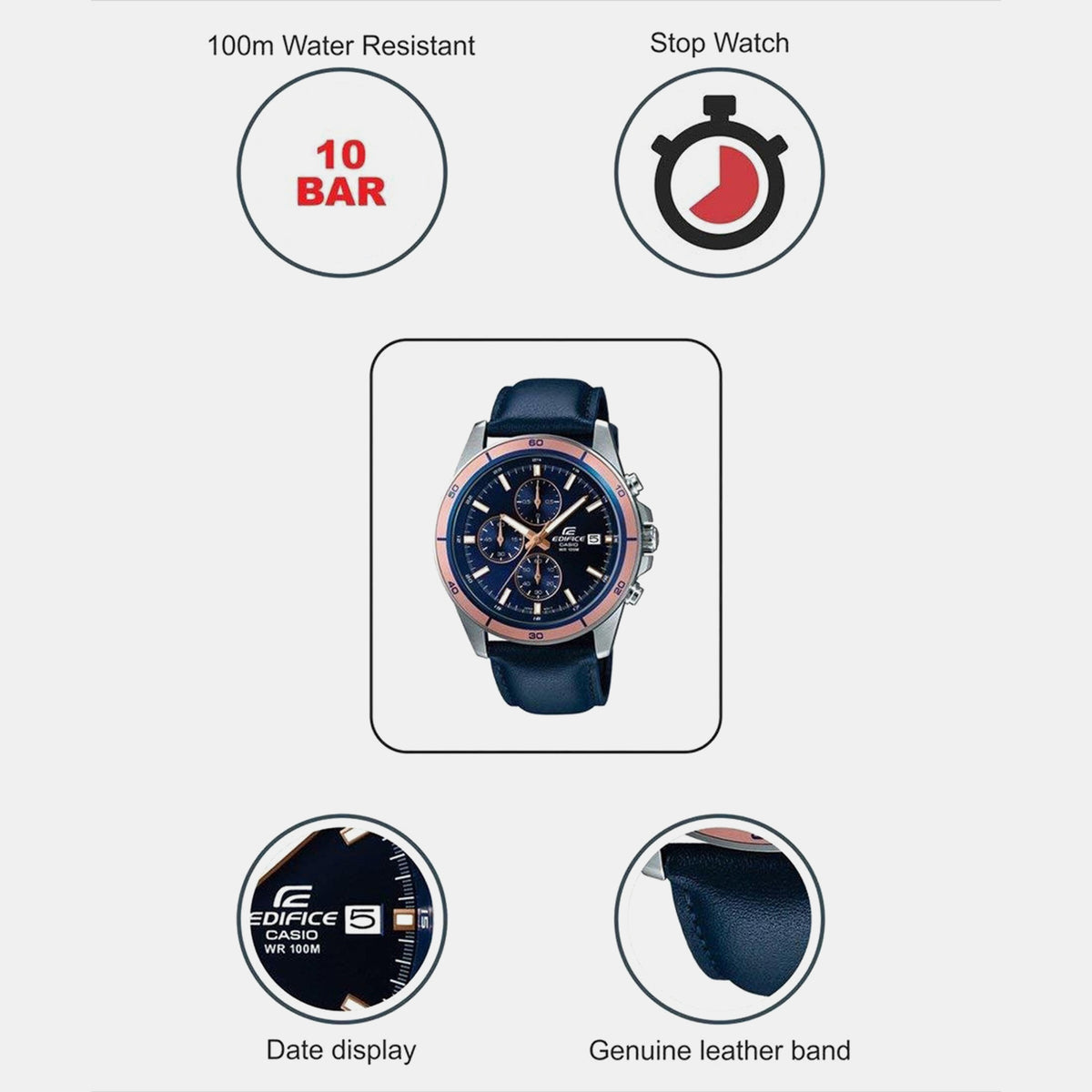 Edifice Men Quartz Blue Dial Chronograph Leather Watch EX302