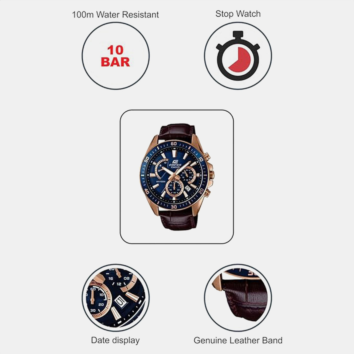Edifice Men Quartz Blue Dial Chronograph Leather Watch EX358
