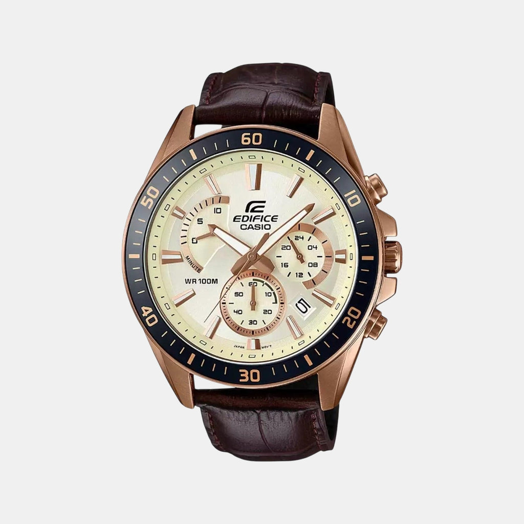 Edifice Men Quartz Rose Gold Dial Chronograph Leather Watch EX359