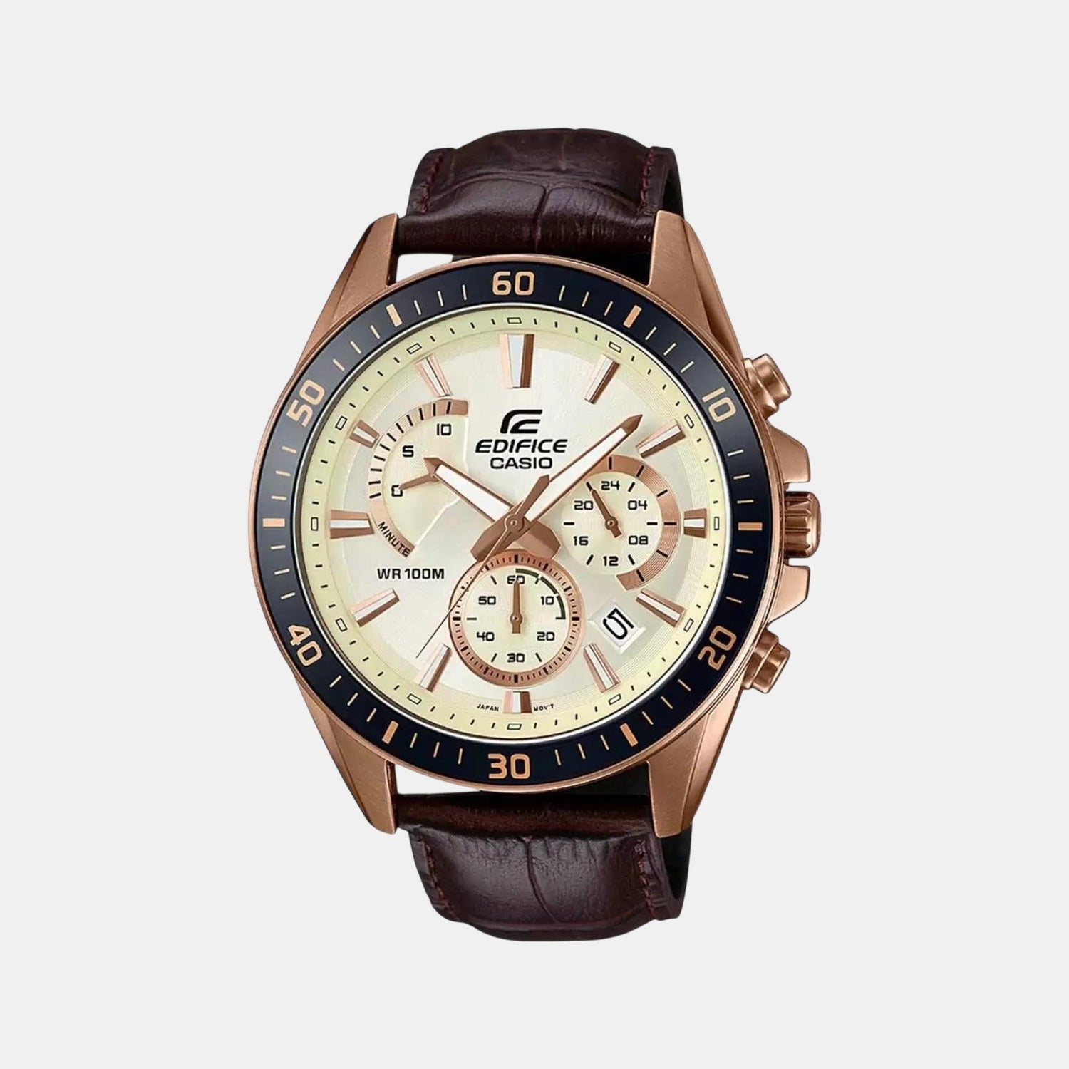 Edifice Men Quartz Rose Gold Dial Chronograph Leather Watch EX359