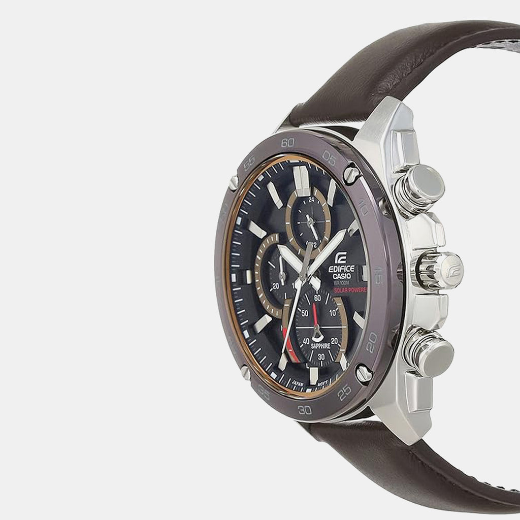 Edifice Men Quartz Black Dial Chronograph Leather Watch EX464