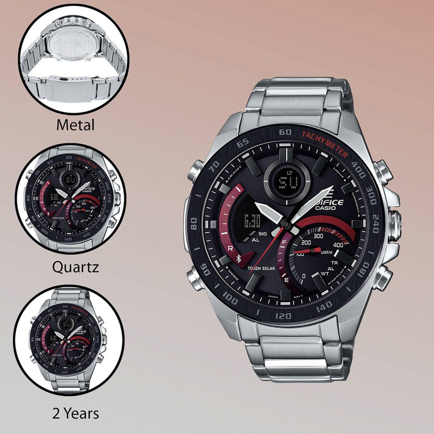 Edifice Men Quartz Black Dial Chronograph Stainless Steel Watch EX499