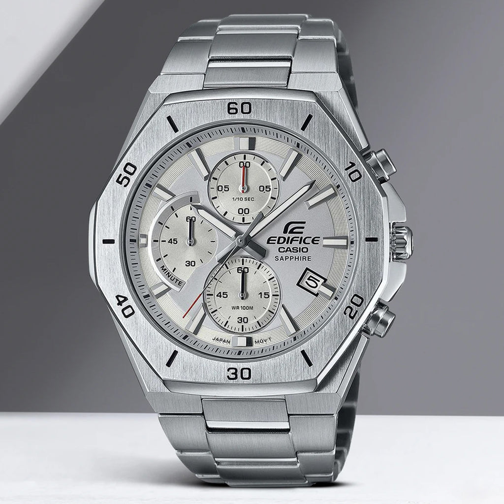 Edifice Men Quartz White Dial Chronograph Stainless Steel Watch EX552