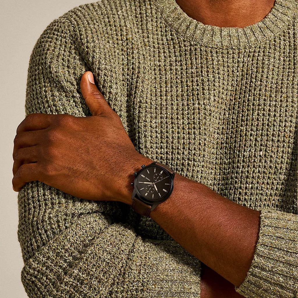 Towns Men Quartz Black Dial Chronograph Leather Watch FS5437