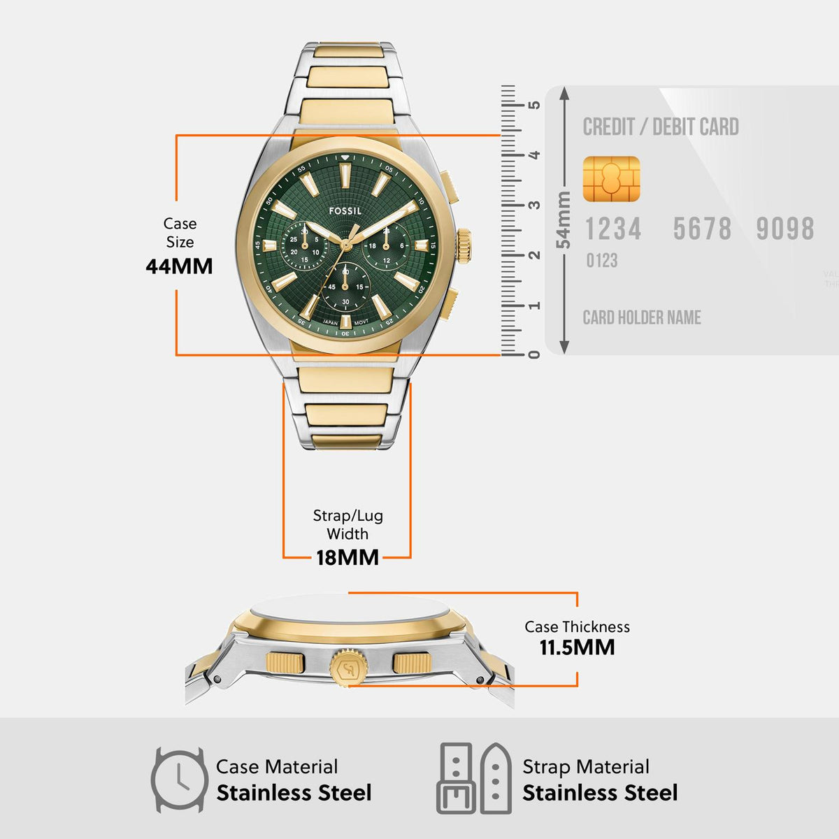 Everett Men Quartz Green Dial Chronograph Stainless Steel Watch FS6106