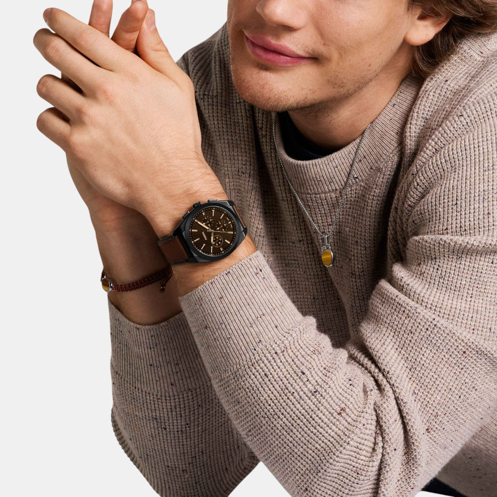 Everett Men Quartz Black Dial Chronograph Leather Watch FS6108