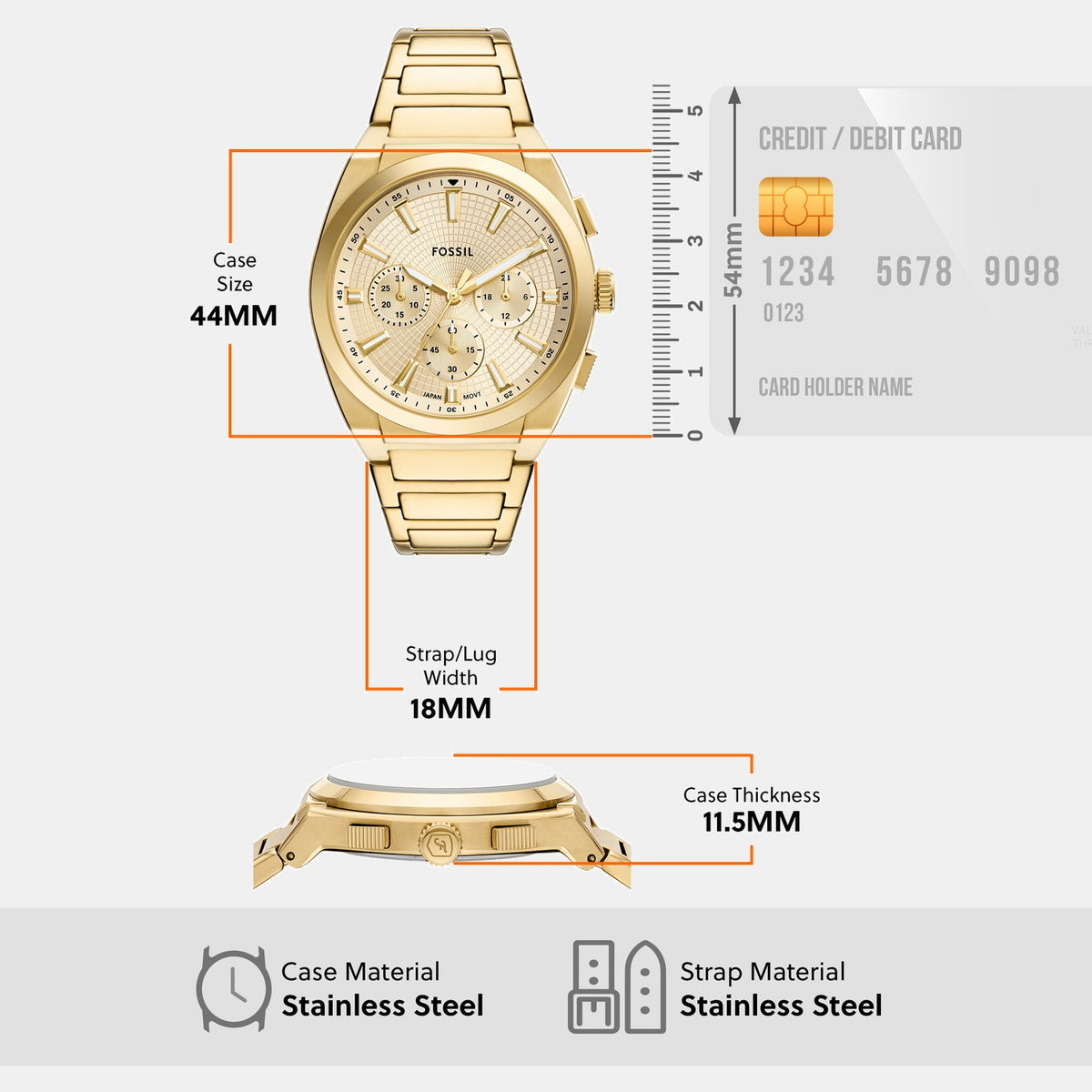 Everett Men Quartz Gold Dial Multi-Function Stainless Steel Watch FS6119