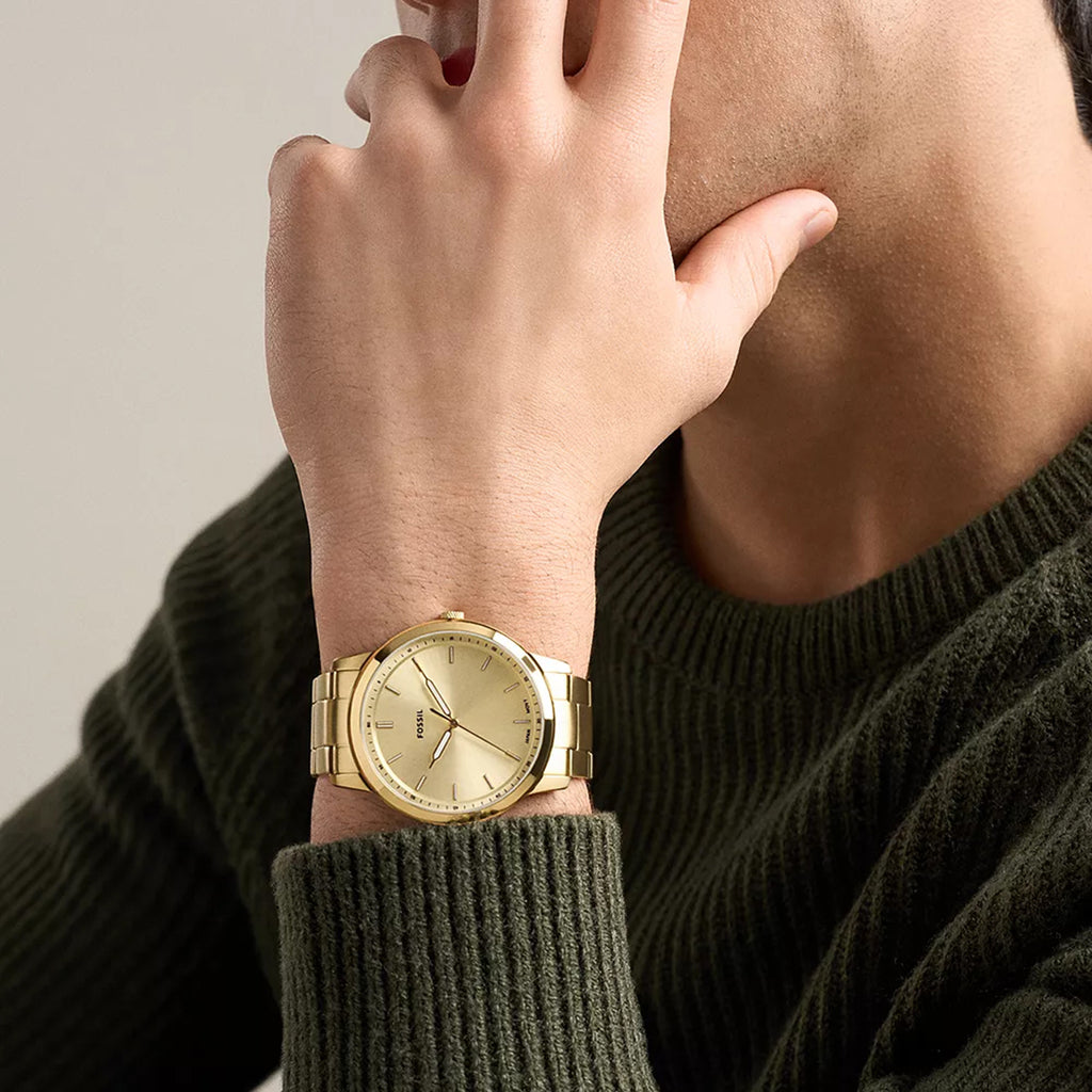 Minimalist Men Quartz Gold Dial Analog Stainless Steel Watch FS6181