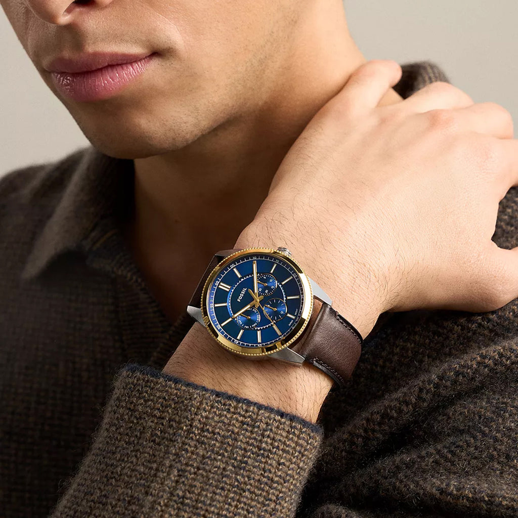 Pearson Men Quartz Blue Dial Multi-Function Leather Watch FS6195