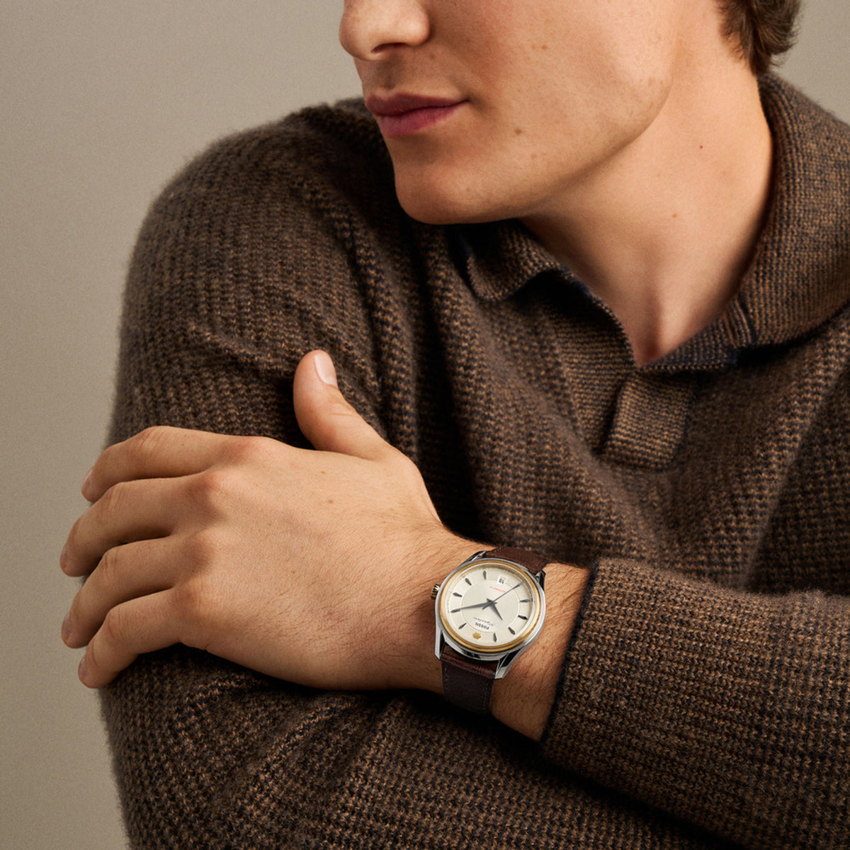 Signature Men Automatic Cream Dial Analog Leather Watch FSI1001
