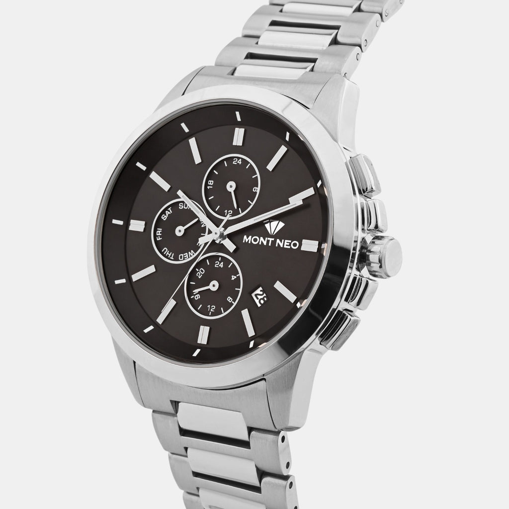 Men Quartz Black Dial Multi-Function Stainless Steel Watch G1051M-M1104