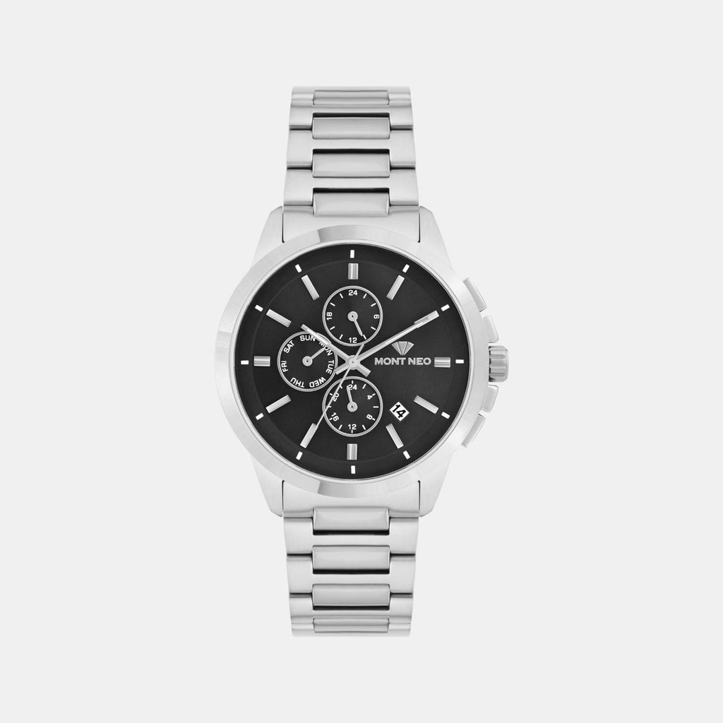 Men Quartz Black Dial Multi-Function Stainless Steel Watch G1051M-M1104