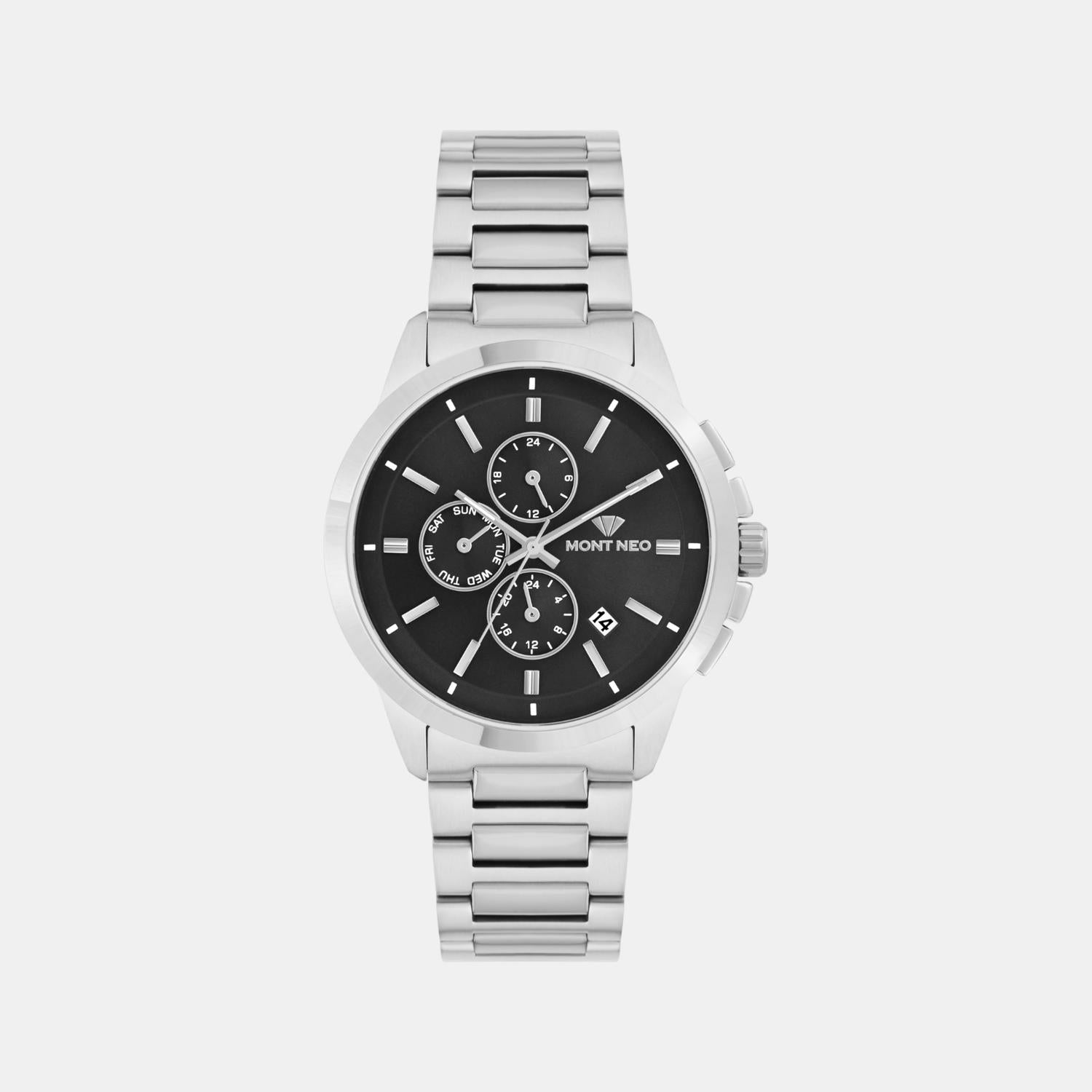 Men Quartz Black Dial Multi-Function Stainless Steel Watch G1051M-M1104