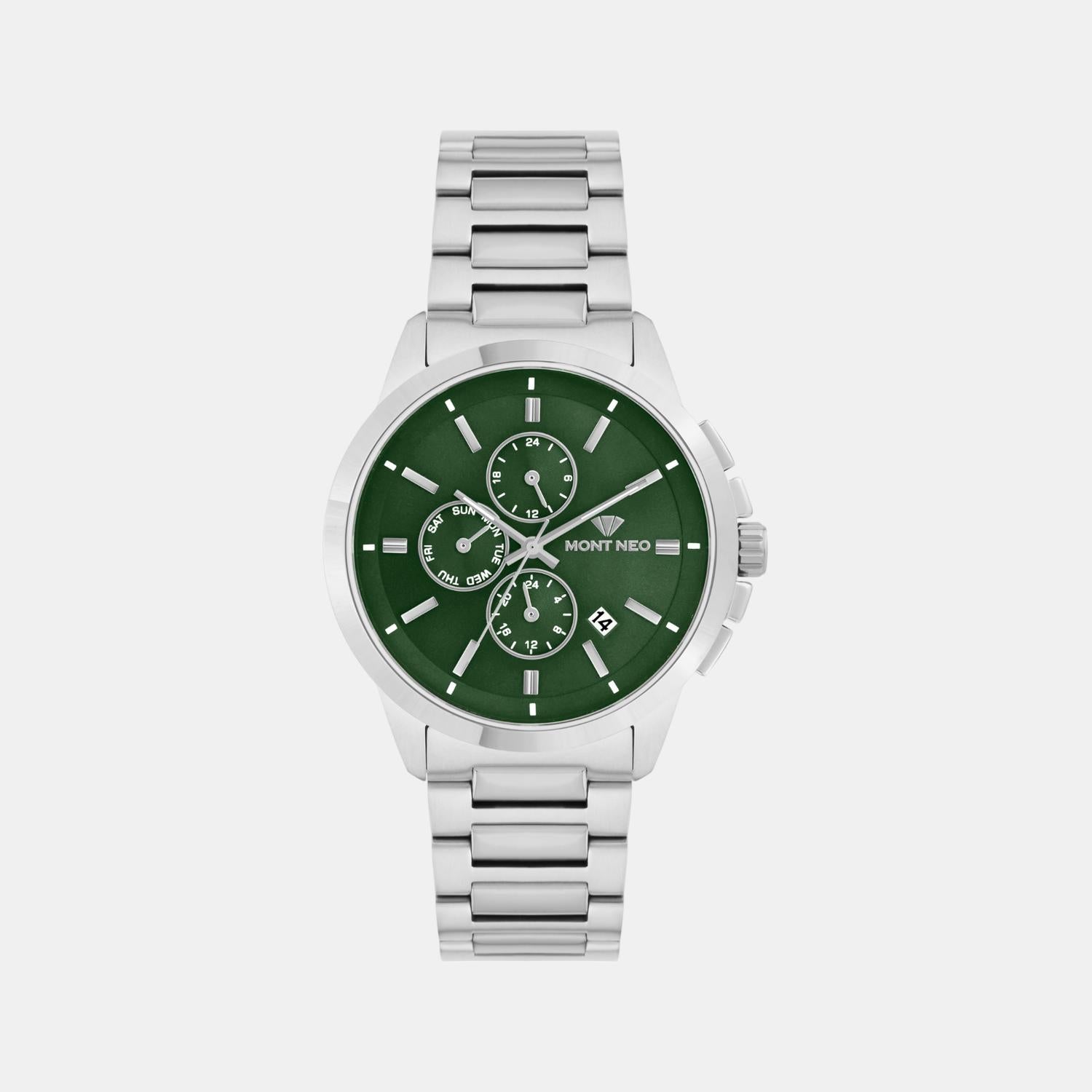 Men Quartz Green Dial Multi-Function Stainless Steel Watch G1051M-M1114