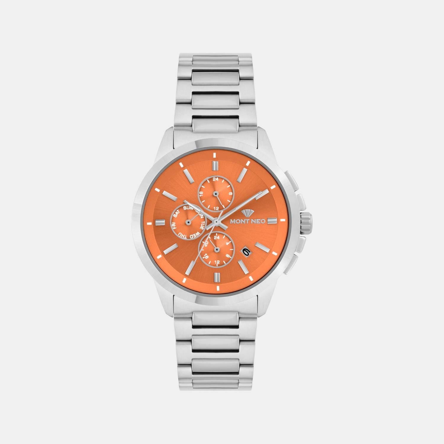 Men Quartz Orange Dial Multi-Function Stainless Steel Watch G1051M-M1119